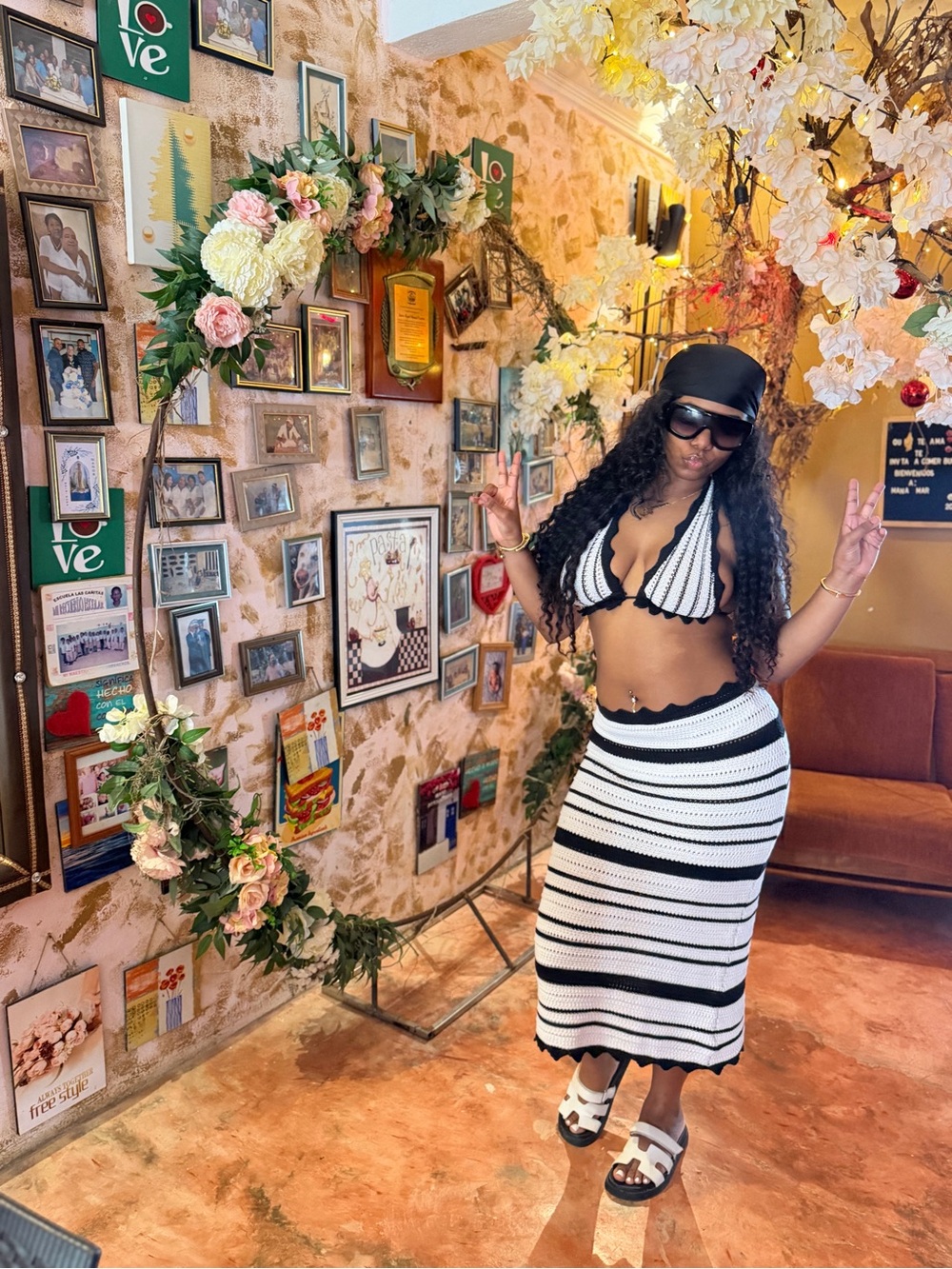 SHEIN Black & White Striped Crochet Maxi Skirt Set